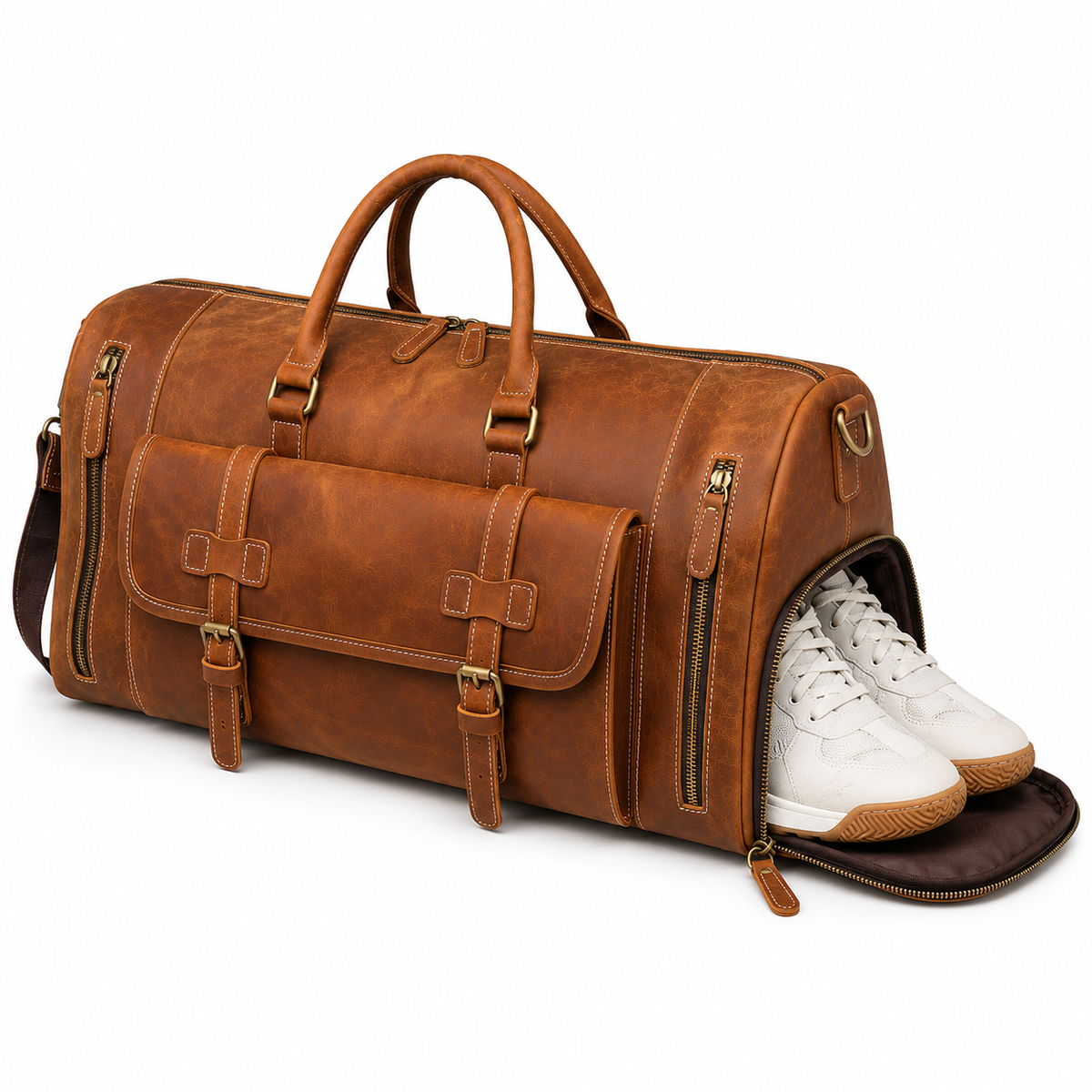 Compartiment à chaussures indépendant du sac en cuir ouvert avec une paire de baskets blanches